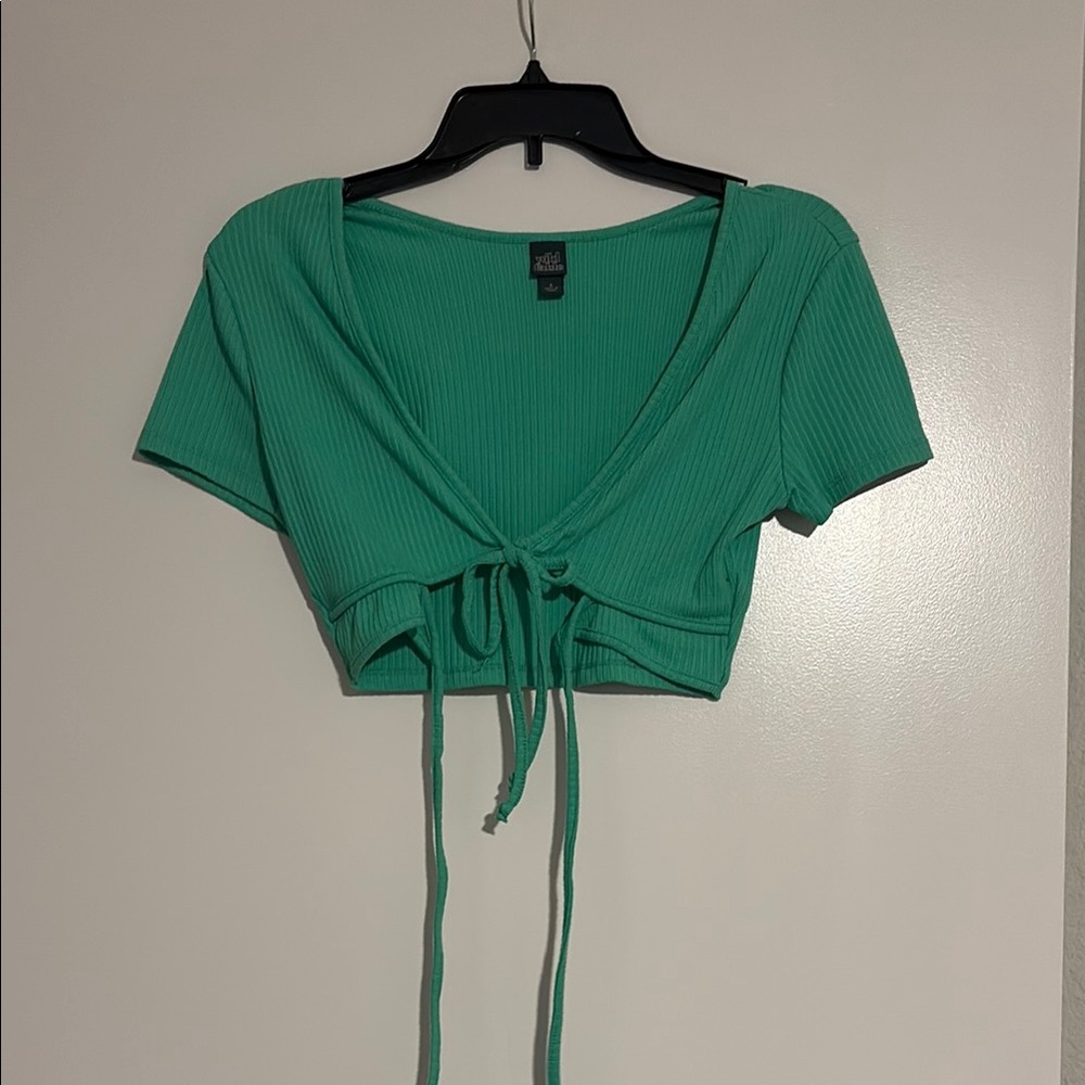 Ribbed Tie-Front Crop Top in Green